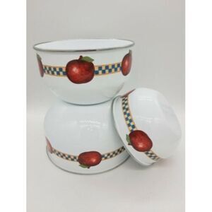 Set of 3 Retro Enamel Metal Nesting Bowls - Fruit Apples Checkered 🍎🍏